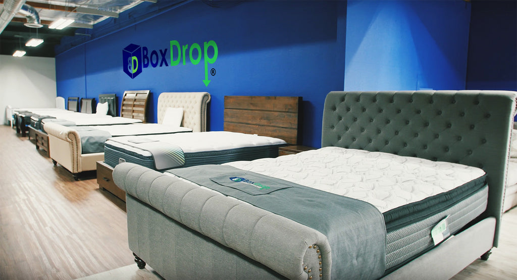 BoxDrop showroom with mattresses arranged for local appointment shoppers